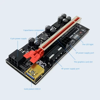 6PCS VER009 Plus SATA Card Adapter with LED Light 8 Solid Capacitors PCIE 1X to 16X PCIE Riser Card USB 3.0 Kabel