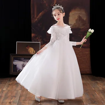 Haljina za Prvu Pričest Dugih Rukava Bijela Dječja Loptu Haljina Elegantna Haljina s Okruglog izreza Od Tila Maxi Flowe Girl Dresses