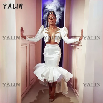 YALIN High Low Ruffle Two Pieces Prom Dresses White Satin Long Puff Sleeves Sirena 2022 Official Party Dress Robes De Soirée