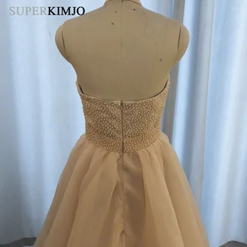 SuperKimJo High Low Champagne Prom Dresses 2020 Halter Beaded Organza Seksi Prom Dress Abiti Da Cerimonia Da Sera