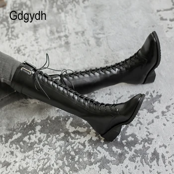 Gdgydh Kopča Za Remen Čizme Do Koljena Za Žene Crni Kožni Britanski Stil Duge Vojne Čizme Ženske Cipele Zimske Pliš Unutar