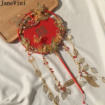JaneVini Drevni Kineski Crveni Vjenčanje Navijač Luksuzna Zlatni Leptir Phoenix Lišće Dugačka Ručka Četkica Cijele Navijač Perle Vjenčani Buket
