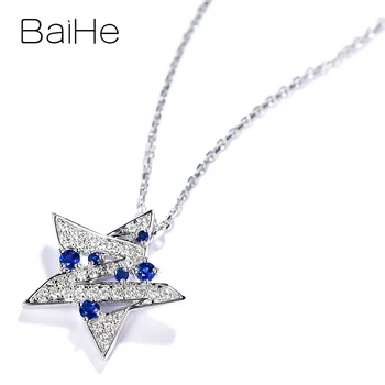BAIHE Solid 14K White Gold 0.15 ct Round Natural Sapphirs Women Trendy Fine Jewelry Elegant Fine sapphire diamond Gift Pendant
