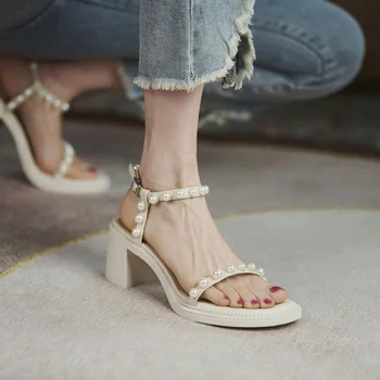 Ženske sandale 2021 g. Nove ljetne Sandale na debelom visoku petu cipele Od prave kože Večernje Vjenčanje ženske cipele Čamaca Veličina 34-43