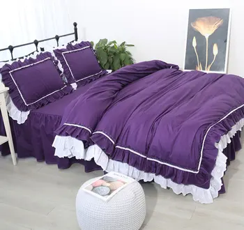 Europski volanima ljubičasta komplet posteljinu, blizanac puni kraljica kralj pamuk jedan dual domaće tekstilne krevet suknja jastučnicu poplun poklopac