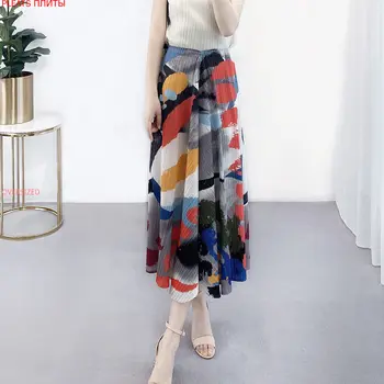 Miyake Fold Svečani Stil Suknja Ljeto Novi Stil Tanak Prigradskim Ispis Trapeznog oblika Duga Suknja Ženske NABORA Upe Faldas Falda Kawaii