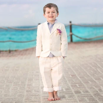 Bež Kostime za dječake 2019 godine za Plažu Vjenčanje, Dječji Blazer s Nazubljenim Lapels, Tuxedos za Mladoženju, 3 predmeta (jakna+Hlače+Prsluk), Službena odjeća