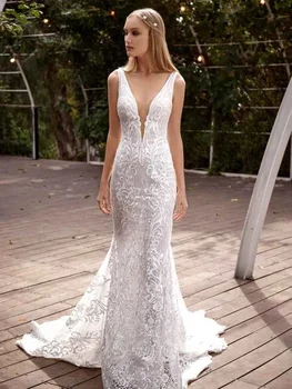 2022 Seksi Backless Sirena Wedding Dresses Deep V Neck Lace Appliqued Svadbeni Dresses Custom Made Vestido De Novia