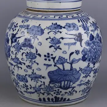 Dinastija Qing ručno porculanski plavi i bijeli božur cvjetni uzorak poklopac banke