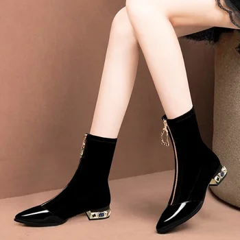 2021 Pliš ženske čizme za debelim petama nove jesenje i zimske modne dijamant elastične čarape, čizme crne tanke čizme