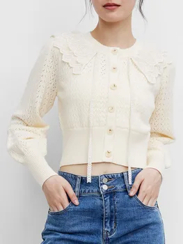 2021 jesen nova slatka ženska moda šuplje latica ovratnik dizajn dugi rukav однобортный жаккардовый pletene džemper jakna