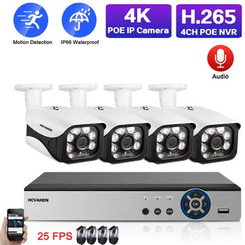 4K POE NVR Kit 4CH H. 265 25 FPS POE IP Security Camera System Kit Vanjski Audio Bullet CCTV Video Surveillance Camera System Set