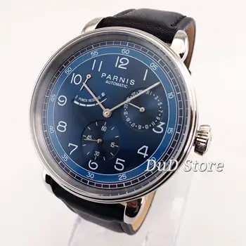 42 mm PARNIS plavi brojčanik Crni kožni remen čelika Safir kristal Klasični Pokazatelj zalihe unazad automatski mens watch